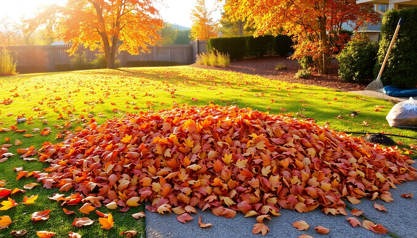 Fall clean up with colorful leaves gathered in a yard, featuring tools for collection, creating a serene atmosphere.