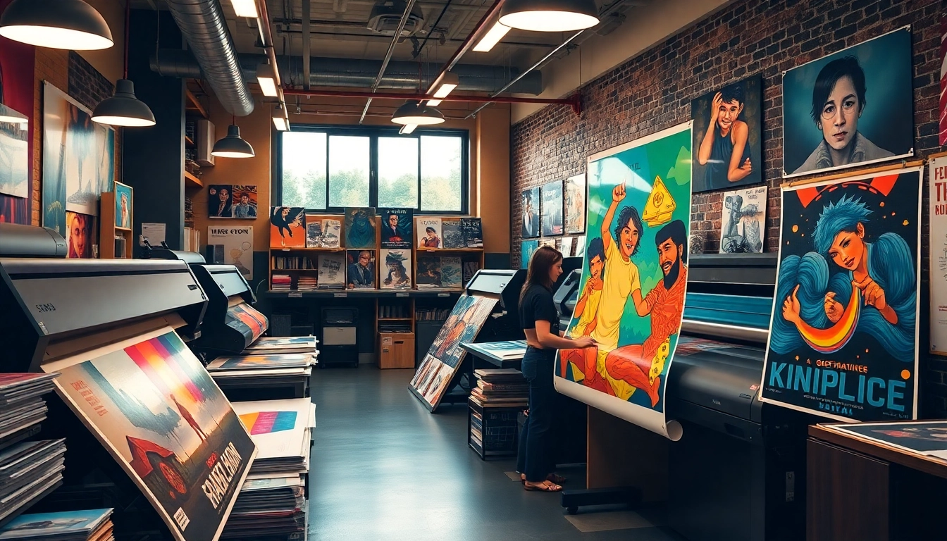 Showcasing vibrant poster printing Dublin services with custom designs in a modern print shop.