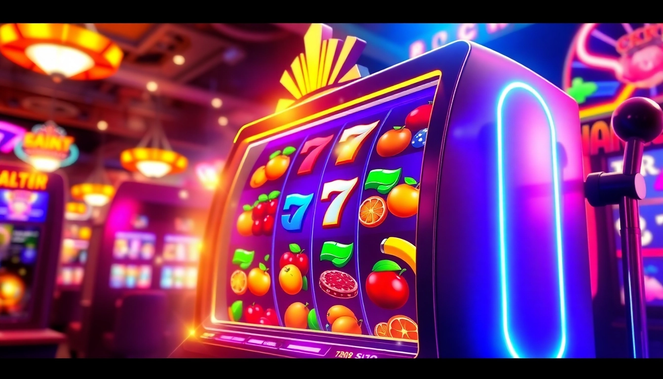 Play slot gacor on a vibrant, colorful slot machine showcasing big jackpots and fruits, radiating excitement.