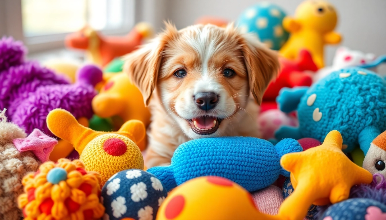 Puppy joyfully playing with an array of colorful pet toys, showcasing texture and fun.