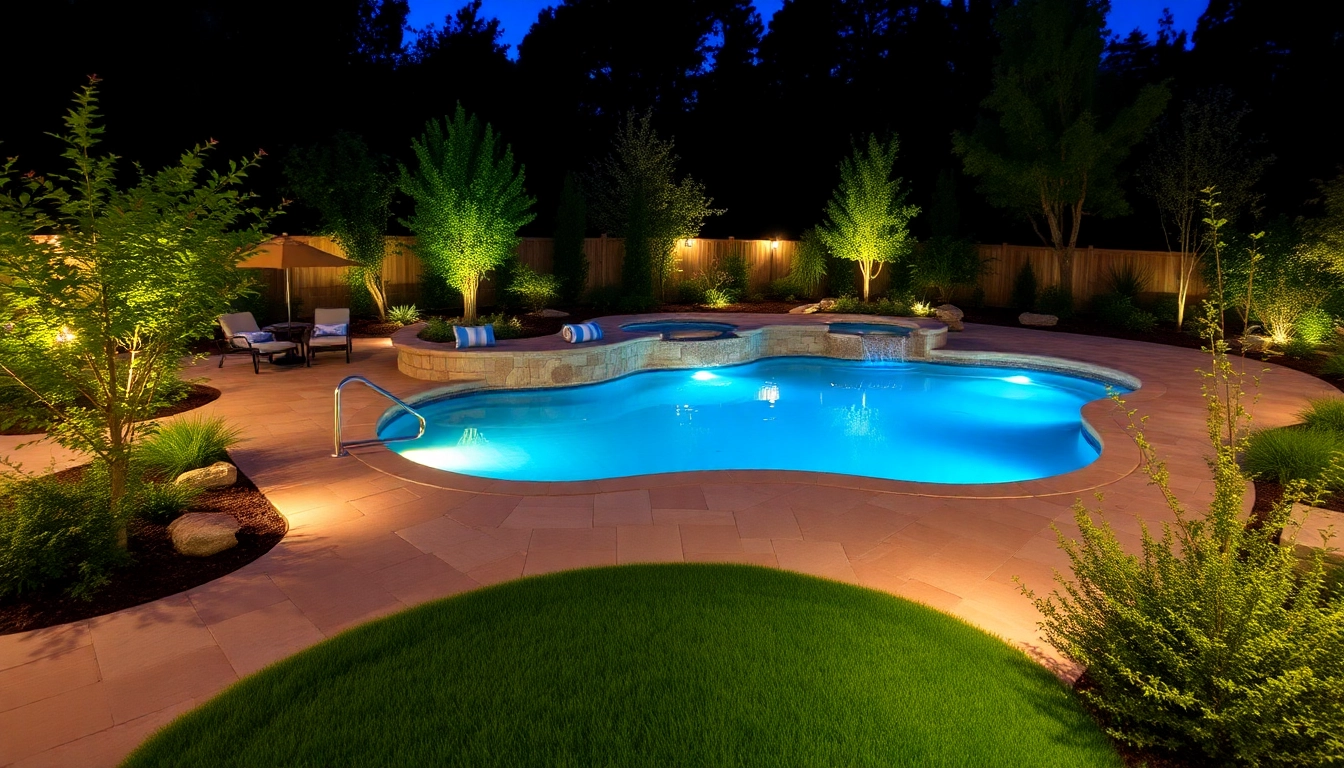 Enhance your outdoor space with stunning hardscapes & pools surrounded by lush greenery and inviting lighting.