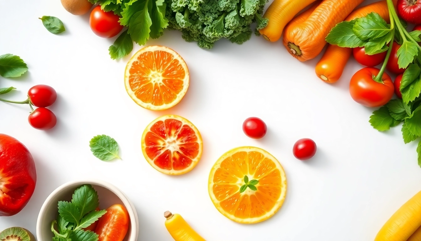 Vibrant flat lay of fresh fruits and vegetables promoting healthlifeherald.com wellness.