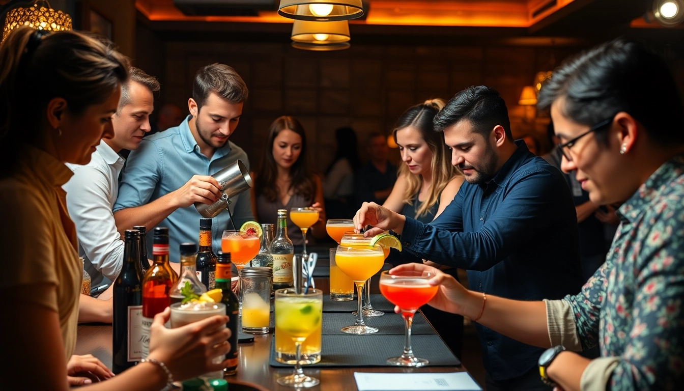 Engage in a thrilling cocktailkurs as participants mix vibrant drinks in a lively class atmosphere.