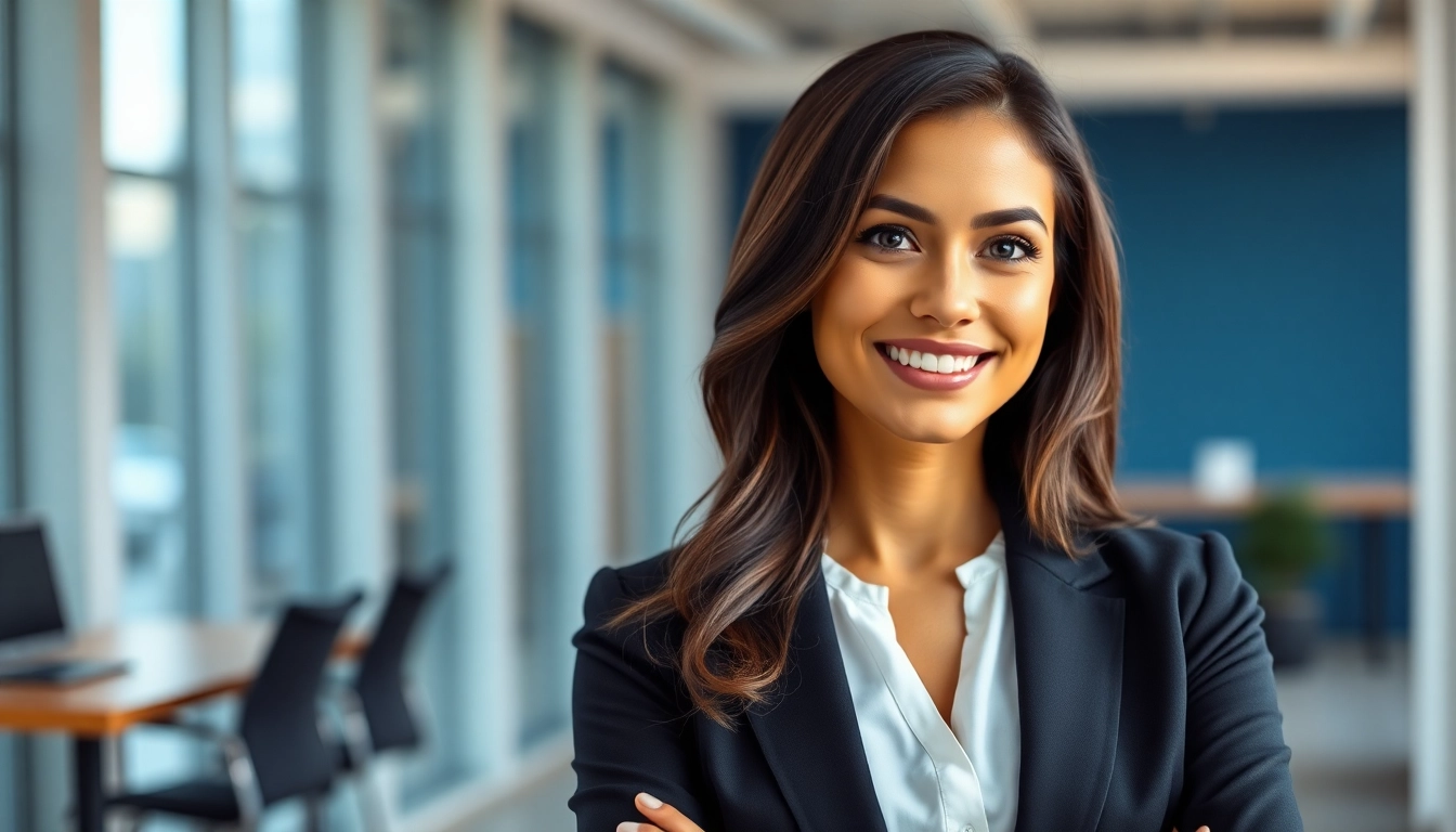 Capturing corporate headshots of a confident woman in a modern office setting with soft lighting.