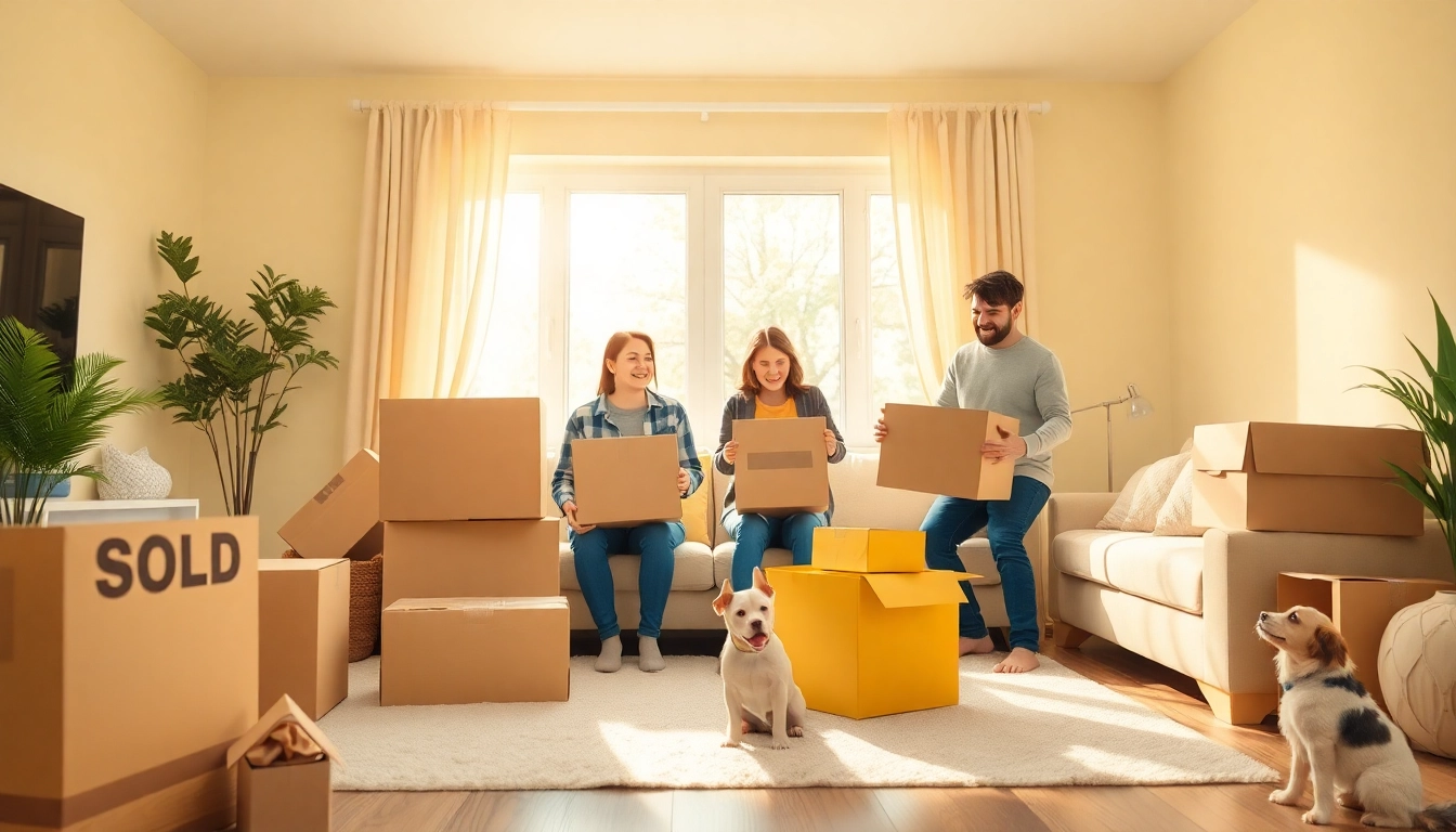 Happy family packing for a move with professional removal companies Bingley in a cozy living room.