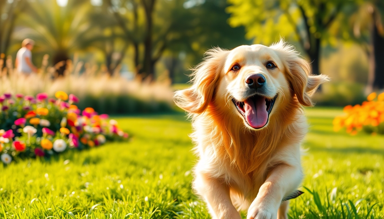 A cheerful golden retriever at Kate's K9 Pet Care, enjoying a sunny day in the park with vibrant flowers.