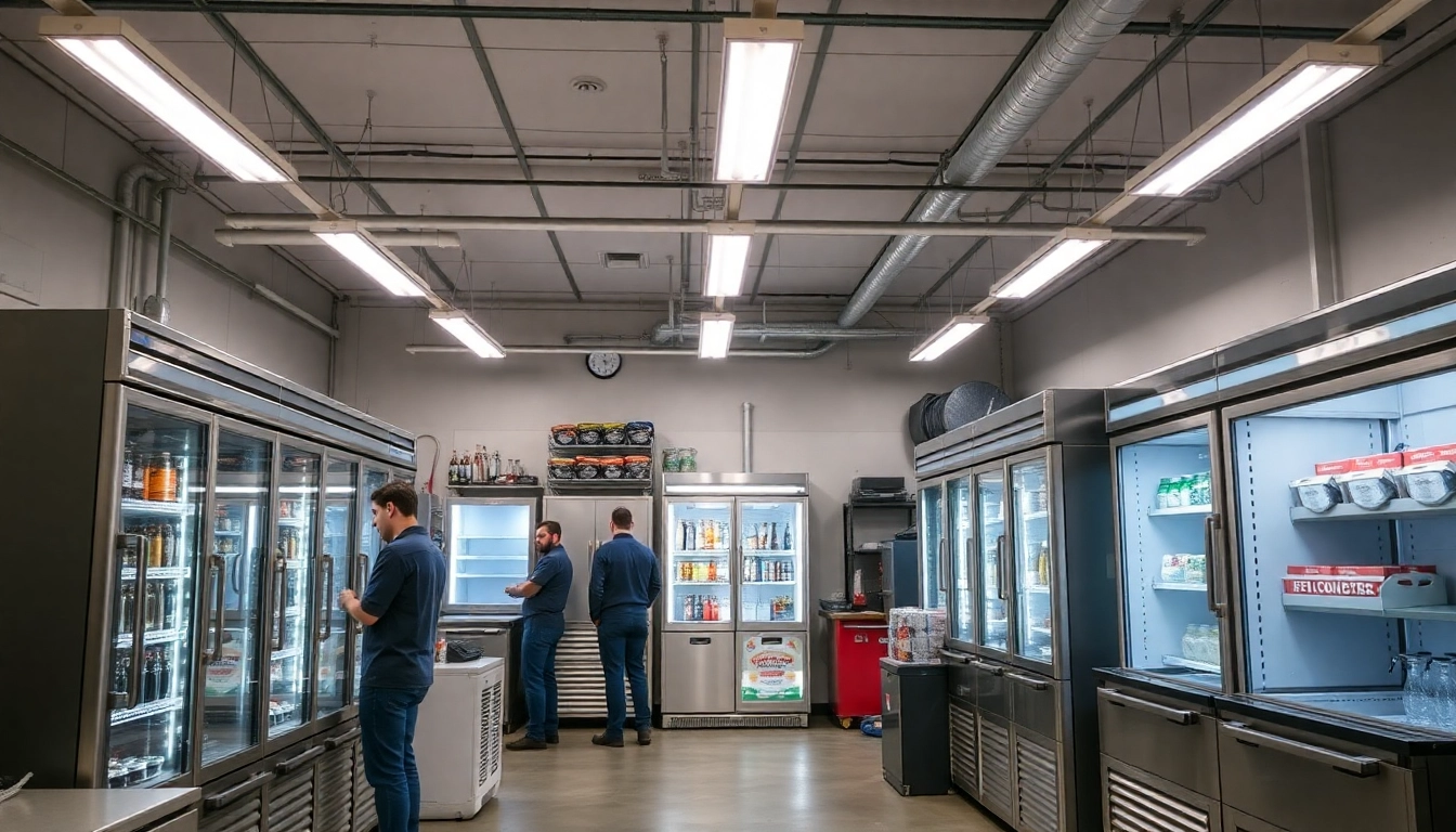 Technicians performing bar refrigeration repair on commercial coolers in a well-lit workshop.