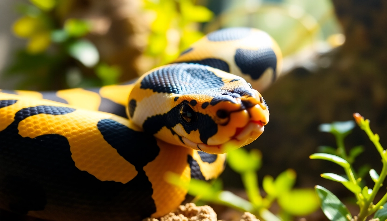 Showcasing a panda pied ball python for sale in a stunning terrarium, featuring striking color patterns and textures.