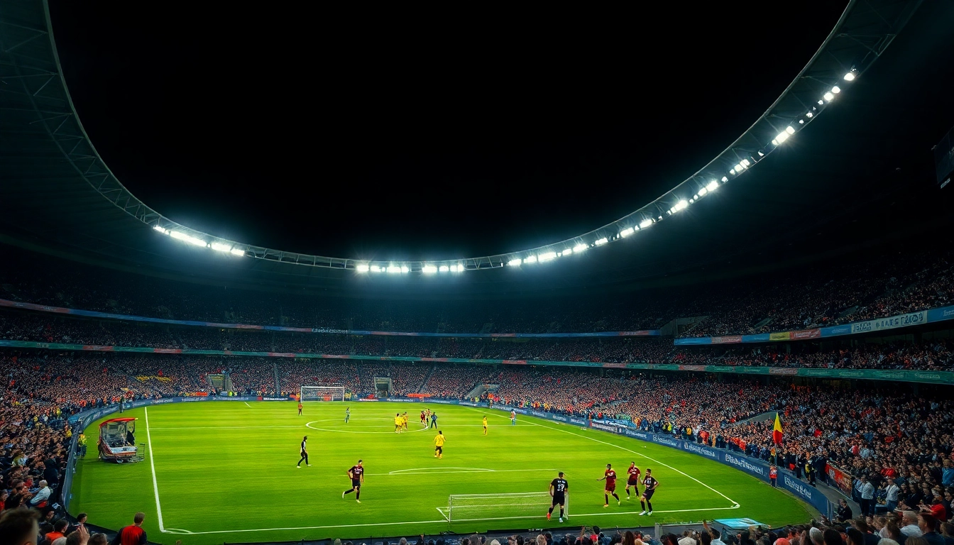 Experience ดูบอลฟรี with an exciting football match illuminated under stadium lights.