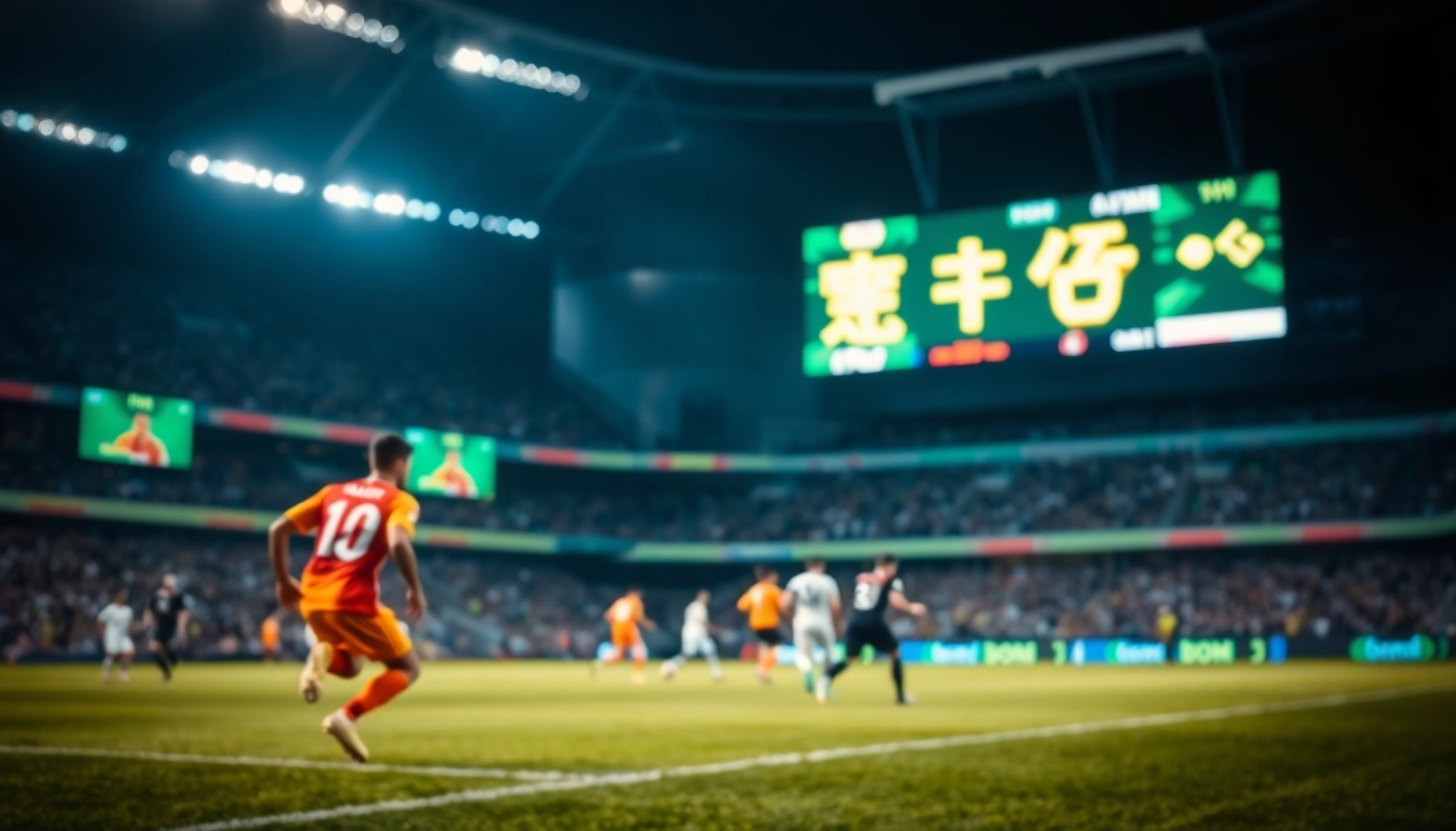 Follow ราคาบอล updates with an exciting soccer match featuring players in action and a visible scoreboard.