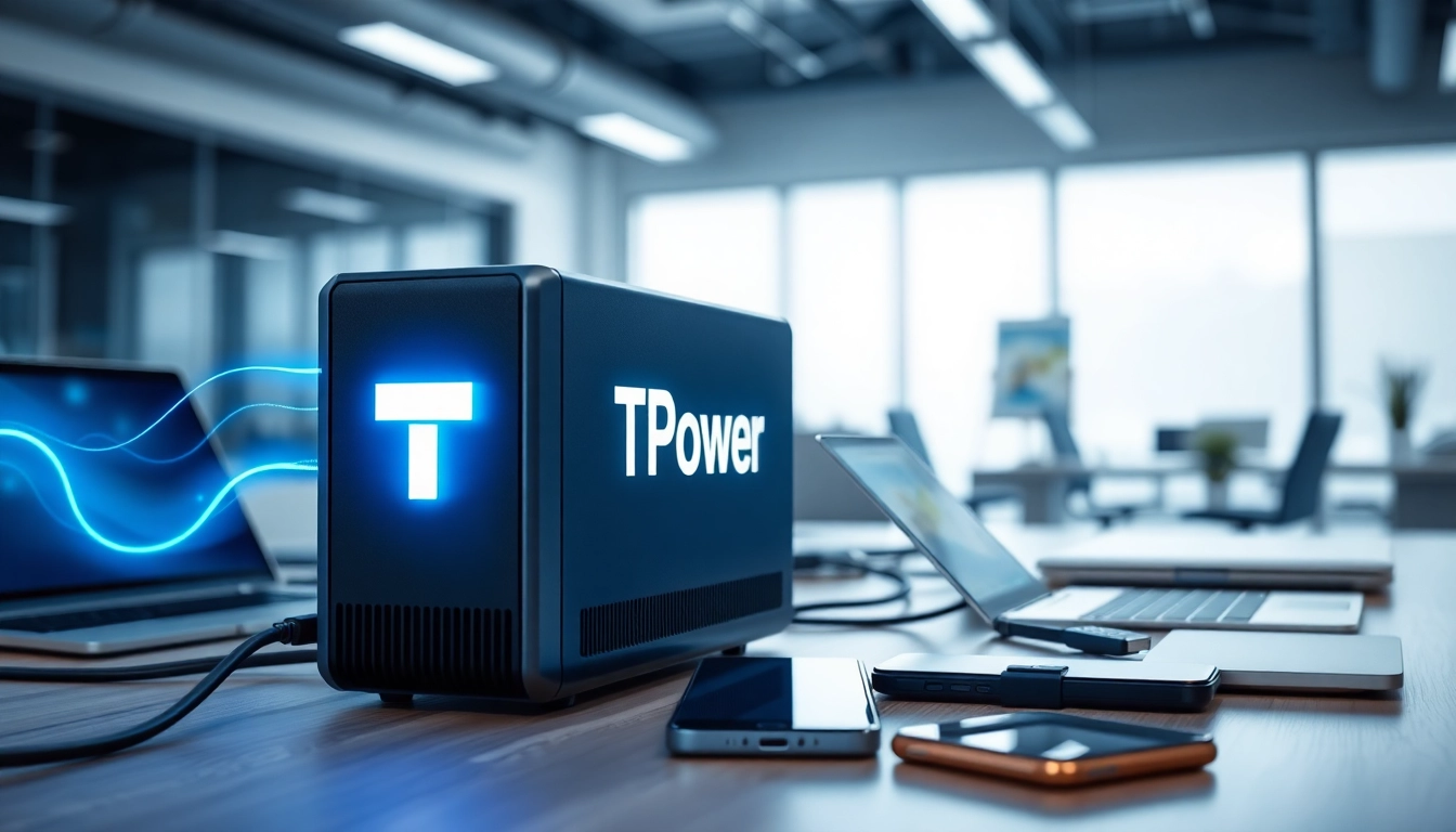 TPower logo showcased on a sleek power supply with connected devices in a professional setting.