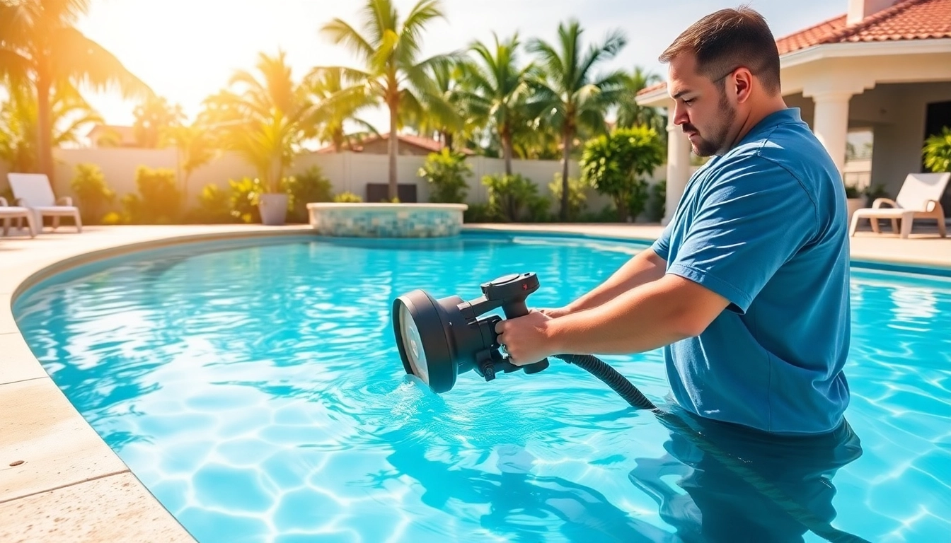 Swimming pool service Pinellas County technician expertly maintaining a residential pool.