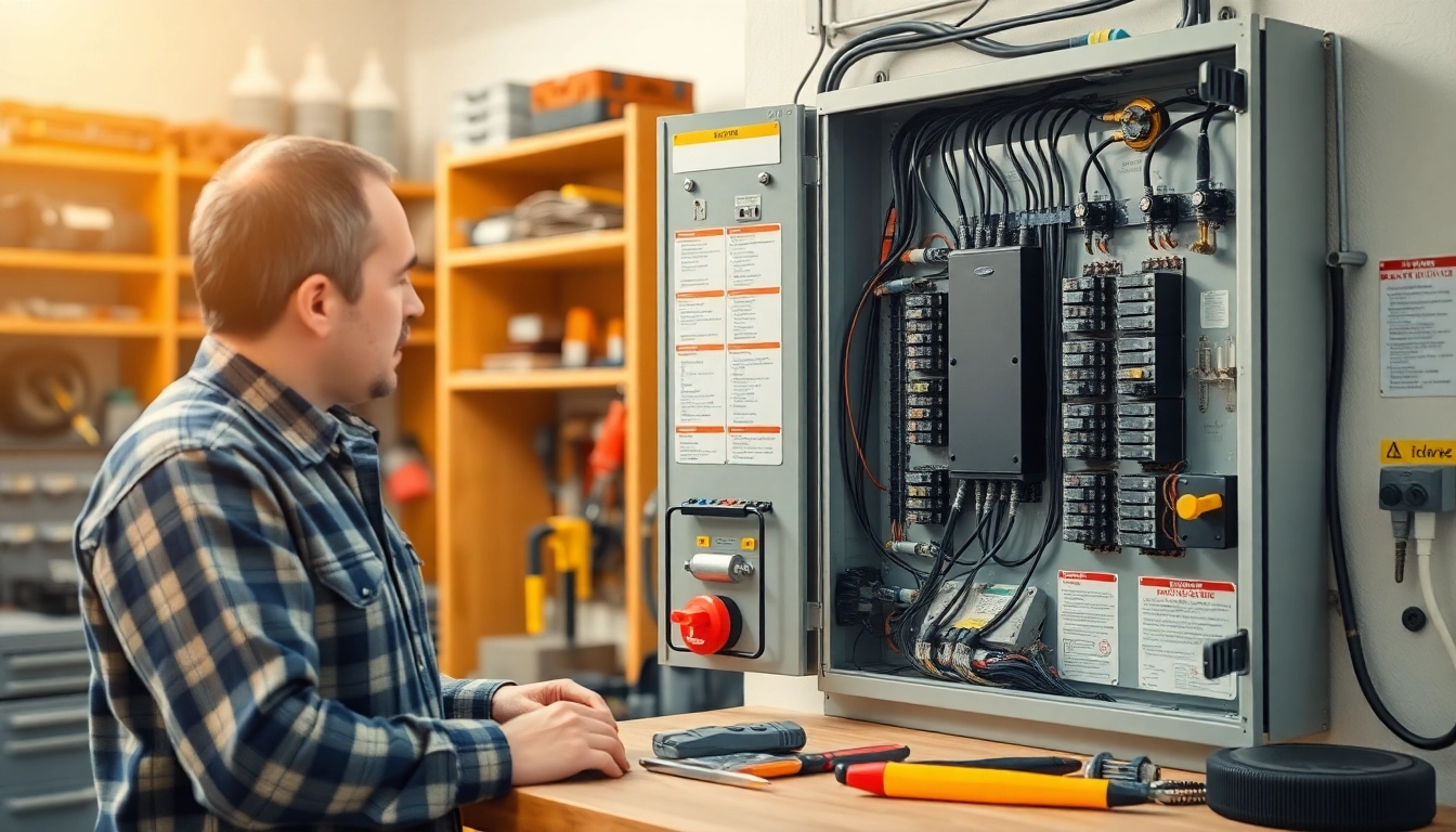 Examine an Electrical Panel with detailed circuit breakers and organized wiring in a professional setting.