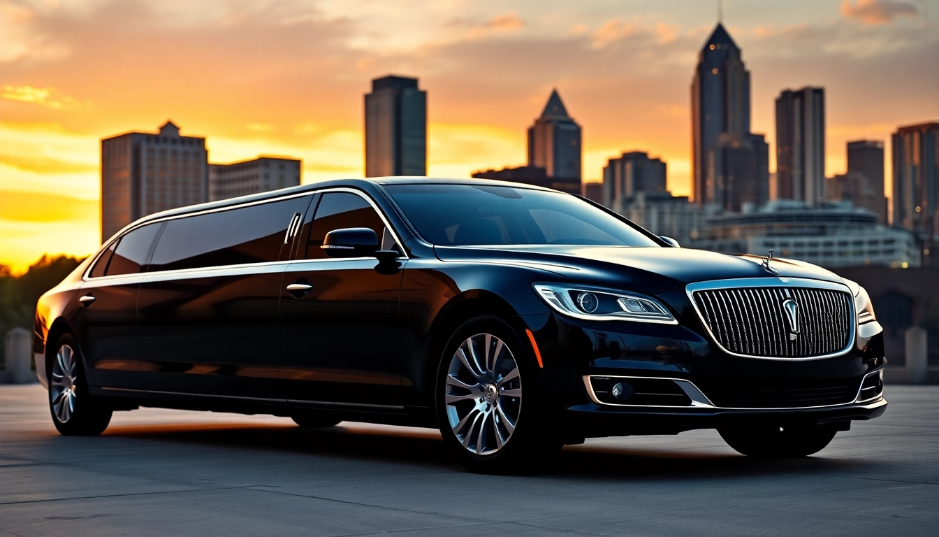 Experience premium car service Atlanta with this elegant black limousine against a stunning skyline.
