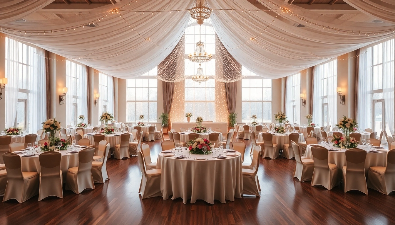 Showcase a beautiful event space featuring elegant table settings and lighting for a special occasion.
