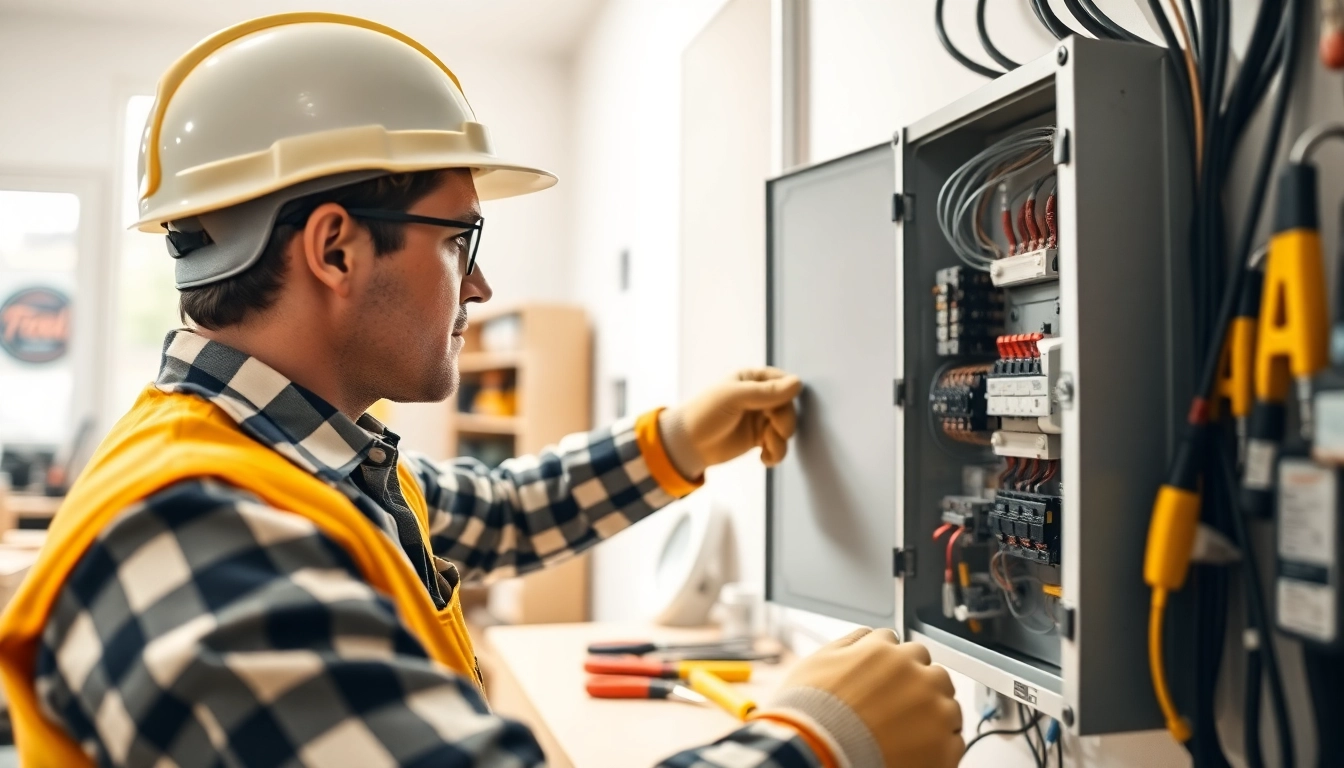 Electrician performing maintenance on an Electrical Service panel in a bright, professional setting.