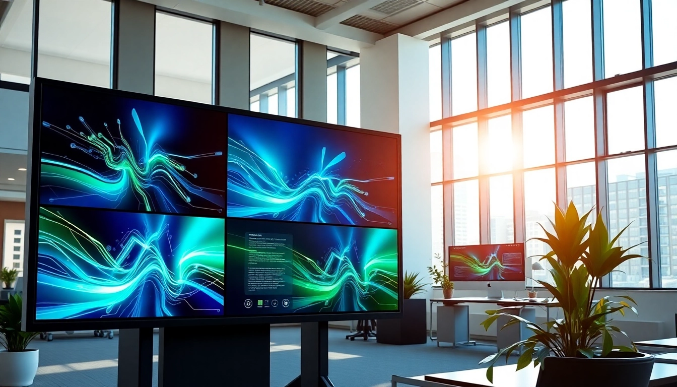 Manage multi-screen digital signage management with a professional office interface illustrating multiple displays.