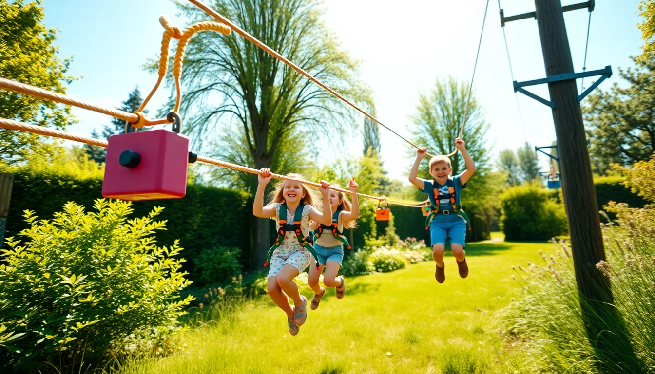 Kids enjoying the GARDEN ZIP WIRE KIT for thrilling outdoor fun in a lush garden.
