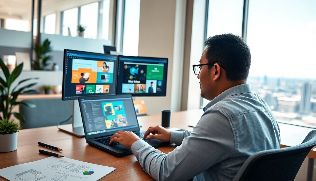 Creating web design johor bahru with a professional in a modern office environment.