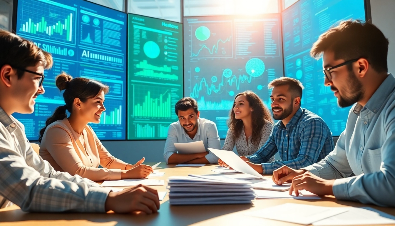 Utilize AI for competitor analysis with a professional team collaboratively reviewing data in a modern workspace.