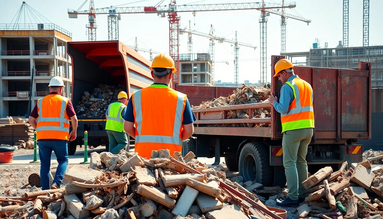 Efficient builder rubbish removal services team at work clearing waste from a construction site.