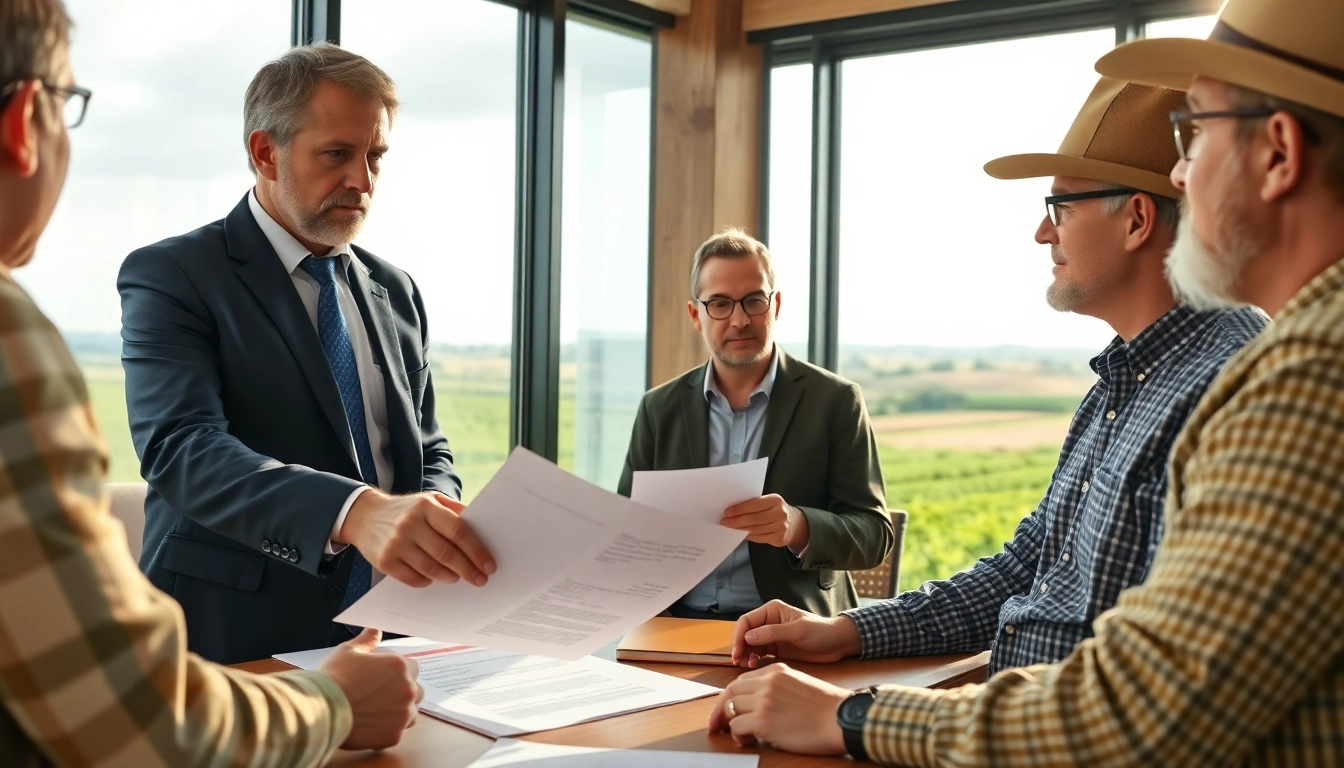 Discussing agriculture law with clients in a professional office, featuring a trusting lawyer and farmland.