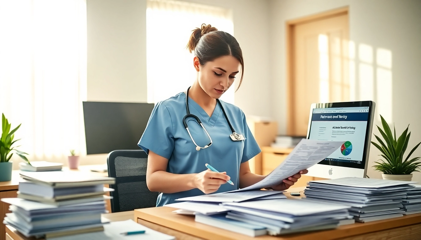 Professional nurse reviewing documents related to the Alabama Board of Nursing in a bright office.