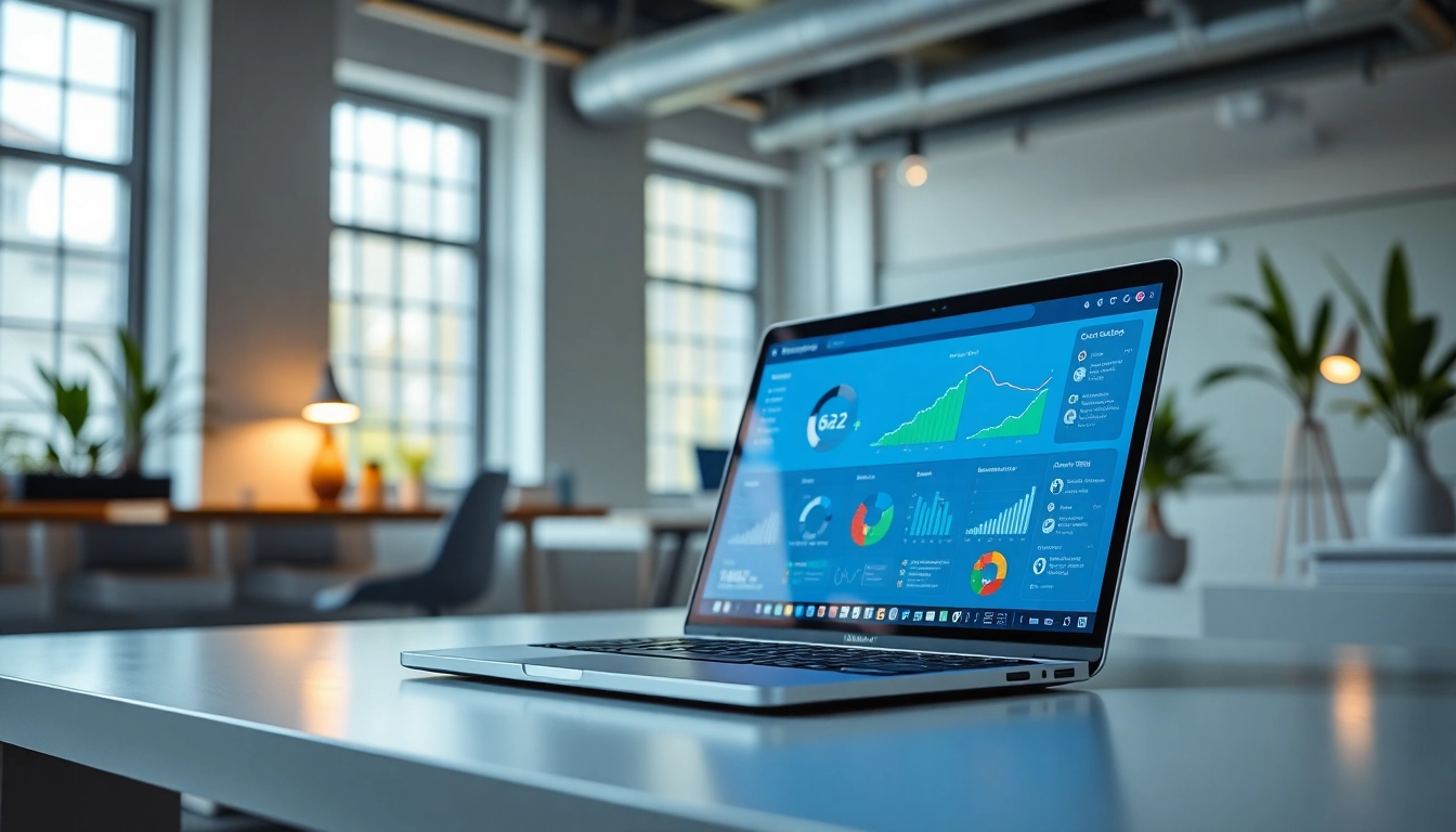Showcase of an AI content marketing platform on a laptop in a professional office setting.