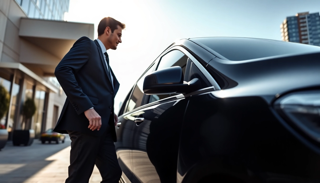 Chauffeur service Vancouver with a professional driver at a luxury vehicle outside a modern hotel.