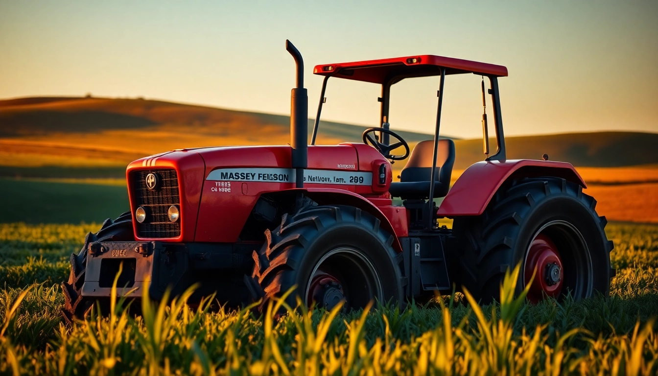 Massey Ferguson Traktor arbeitet in einem grünen Feld bei Sonnenuntergang.